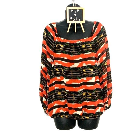Vince CAMUTO Printed Boho Pattern Off Shoulder Long Sleeve Blouse Brown Medium - Picture 2 of 12